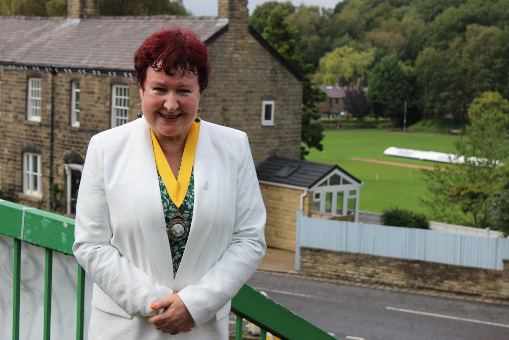 New Deputy Mayor Judy Snowball photographed outside Bollington Civic Hall, overlooking the Bollington Recreation Ground. (Image - Macclesfield Nub News)