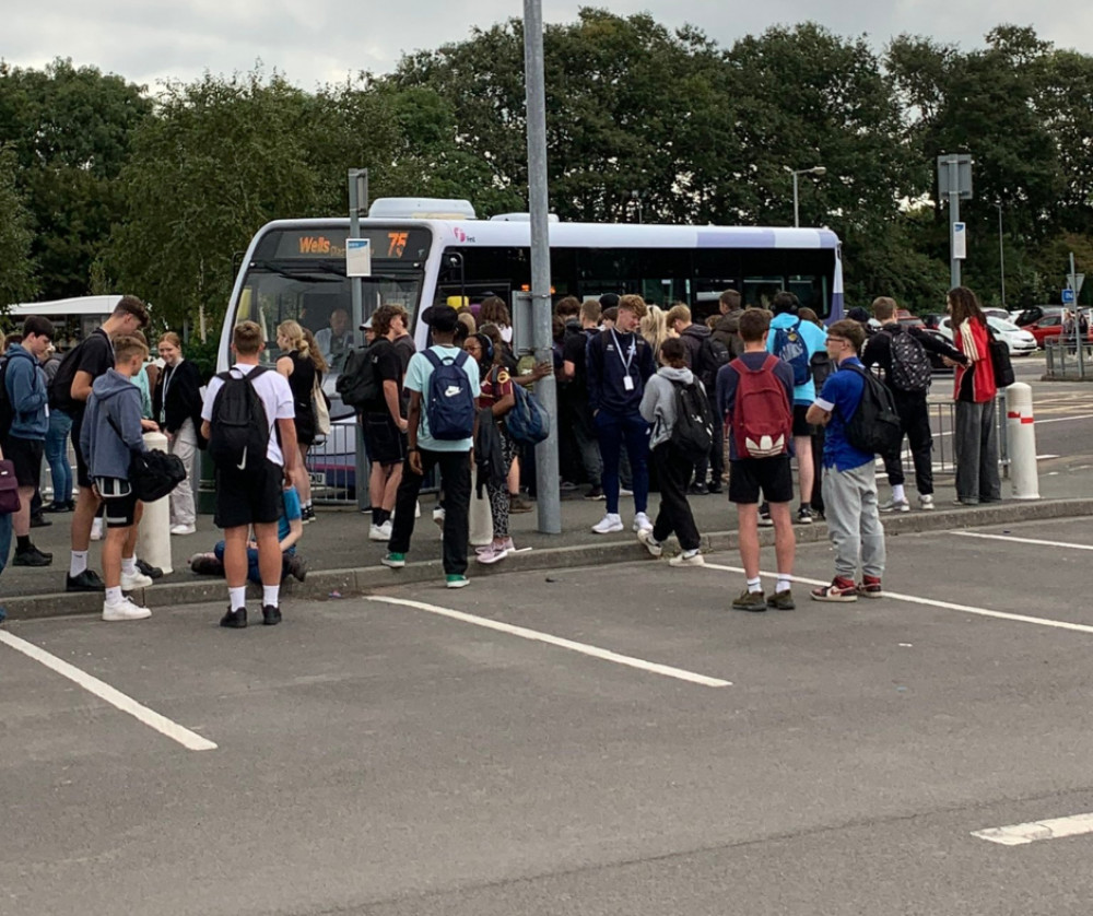 Schoolchildren Queuing To Get On The 75 Bus At Bridgwater And Taunton College. CREDIT: Tina Emery.