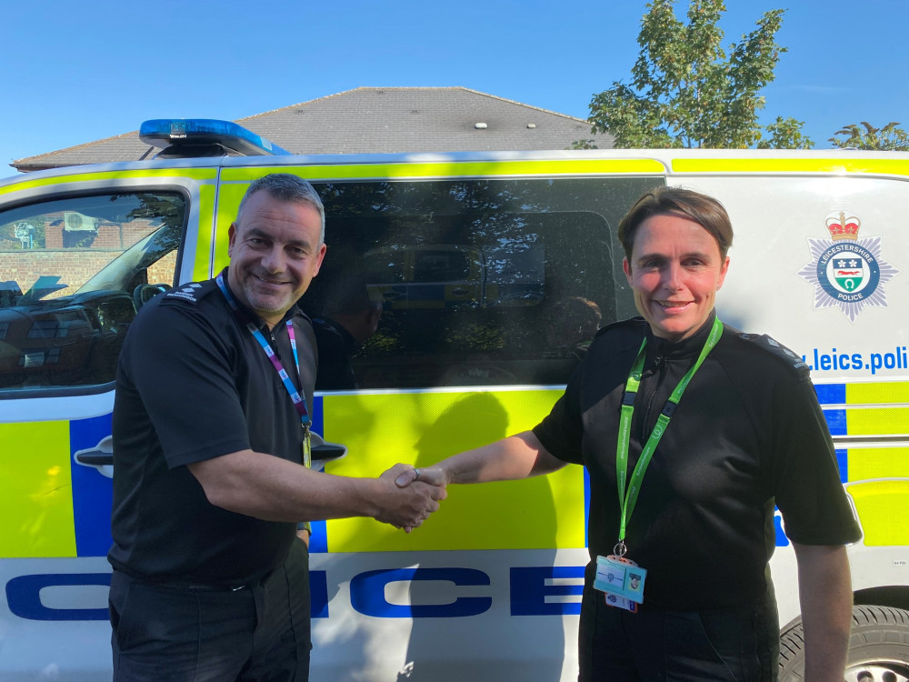 Chief Inspector Madeley-Harland and Inspector Richardson congratulating each other on their new appointments. Image credit: Rutland Police / Facebook. 