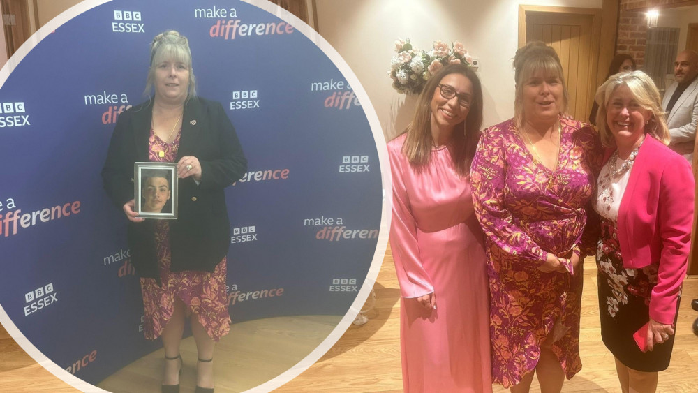 Julie Taylor (inset) received a prize for being 'High Commended' in her category, as one of four finalists at the BBC Essex Make A Difference Awards. Right: Julie is pictured with BBC Essex’s Sonia Watson and Anna Firth MP. (Credit: Julie Taylor)