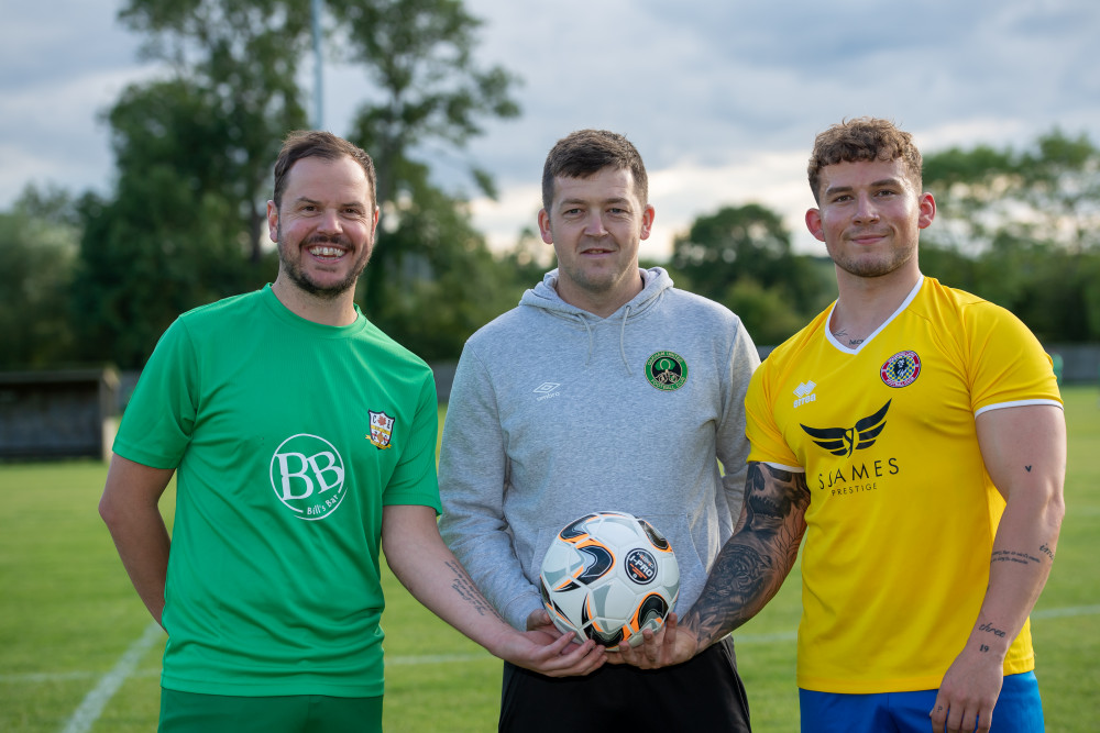 Winning captain Aaron Ridout from Cottesmore AFC with Stewart Lambie and Stamford Lions skipper Ben Phil before the final of the Rutland Cup. Image credit: Bellway.