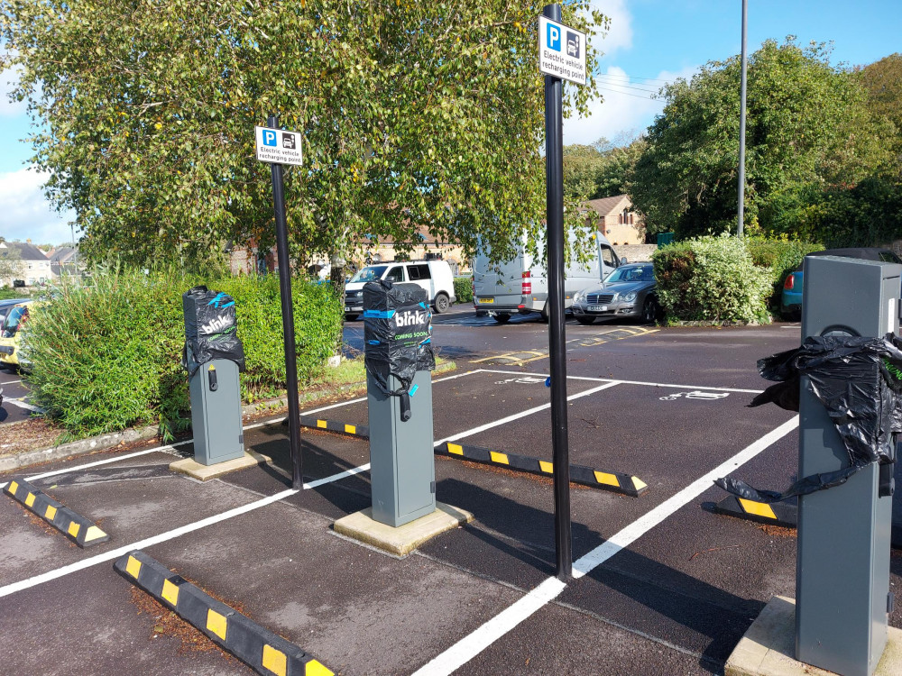 Although the roll out of EV points is not perhaps as quick as it could be : These in Frome still not operational : Photo Cheese & Grain car park September 26