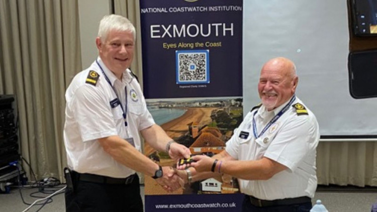 Peter Oliver receiving his epaulettes from Ivor Jones (NCI Exmouth)