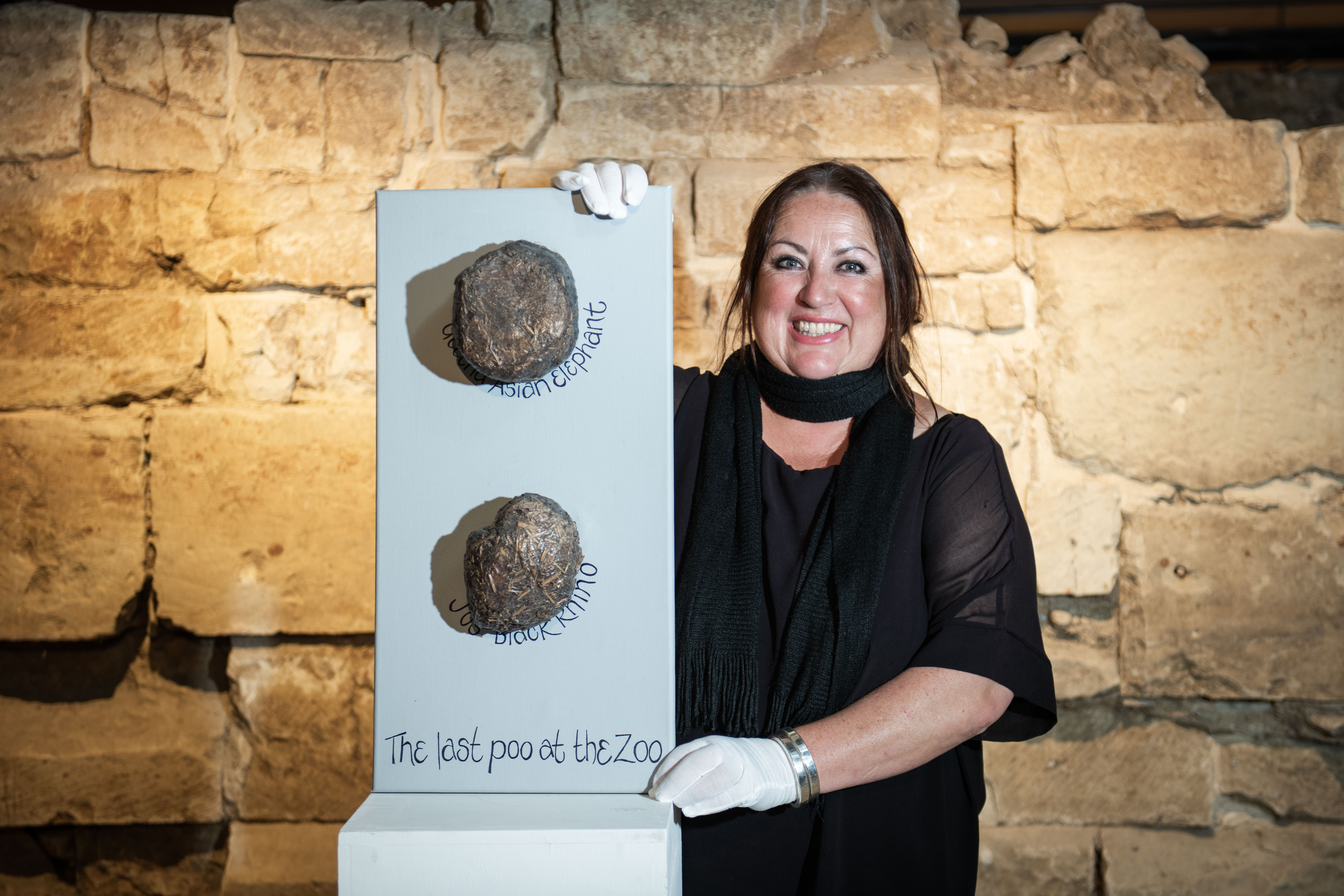 Artist and former zookeeper Tracey Lee with her first piece of faeces-inspired  art "The Last Poo at the Zoo" - featuring the preserved dung of the last elephant and rhino to live at London Zoo (Photo by Charlotte Levy)