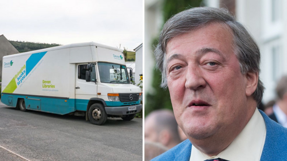 L: Devon mobile library (Libraries Unlimited). R: Stephen Fry (Wikimedia Commons)