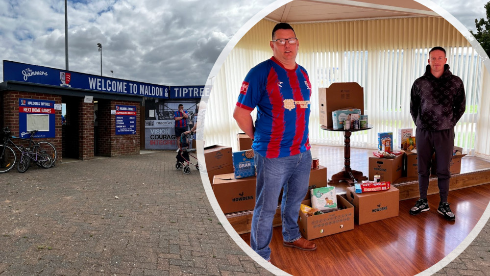 Maldon & Tiptree FC and the Jammers Fans Association have locked horns over the last few weeks. Inset: Jammers Fans Association Chair Tony Williams with Maldon & Tiptree Chairman Daniel Barber at a JFA Foodbank Collection in August. (Photos: Ben Shahrabi)