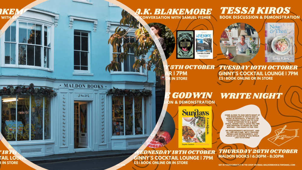 Maldon Books will welcome award-winning authors, poets, and chefs to the town for a series of one-off evenings this month. (Composite: Nub News)