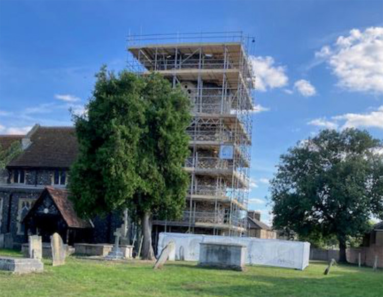 Scaffolding now surrounds the tower at St Nicholas Church. 