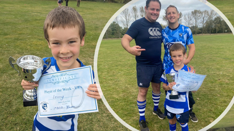 Player of the Week Lenny Gwalter was pictured with coaches Sam Delderfield and Andy Weller. (Credit: Maldon Rugby Club)