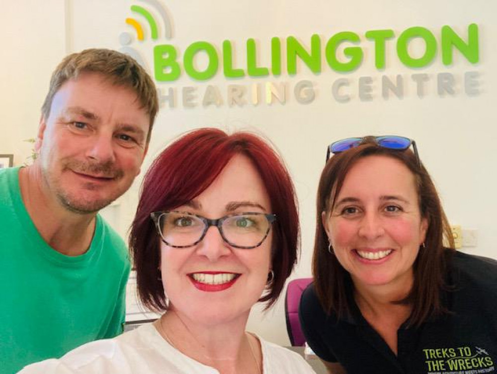 Mark Lomas and Emma Pangelly from Treks to the Wrecks, pictured with Claire Kewney from Bollington Hearing Centre.