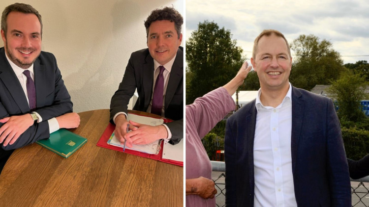 L: Simon Jupp and Rail Minister Huw Merriman. R: Richard Foord (LDRS)