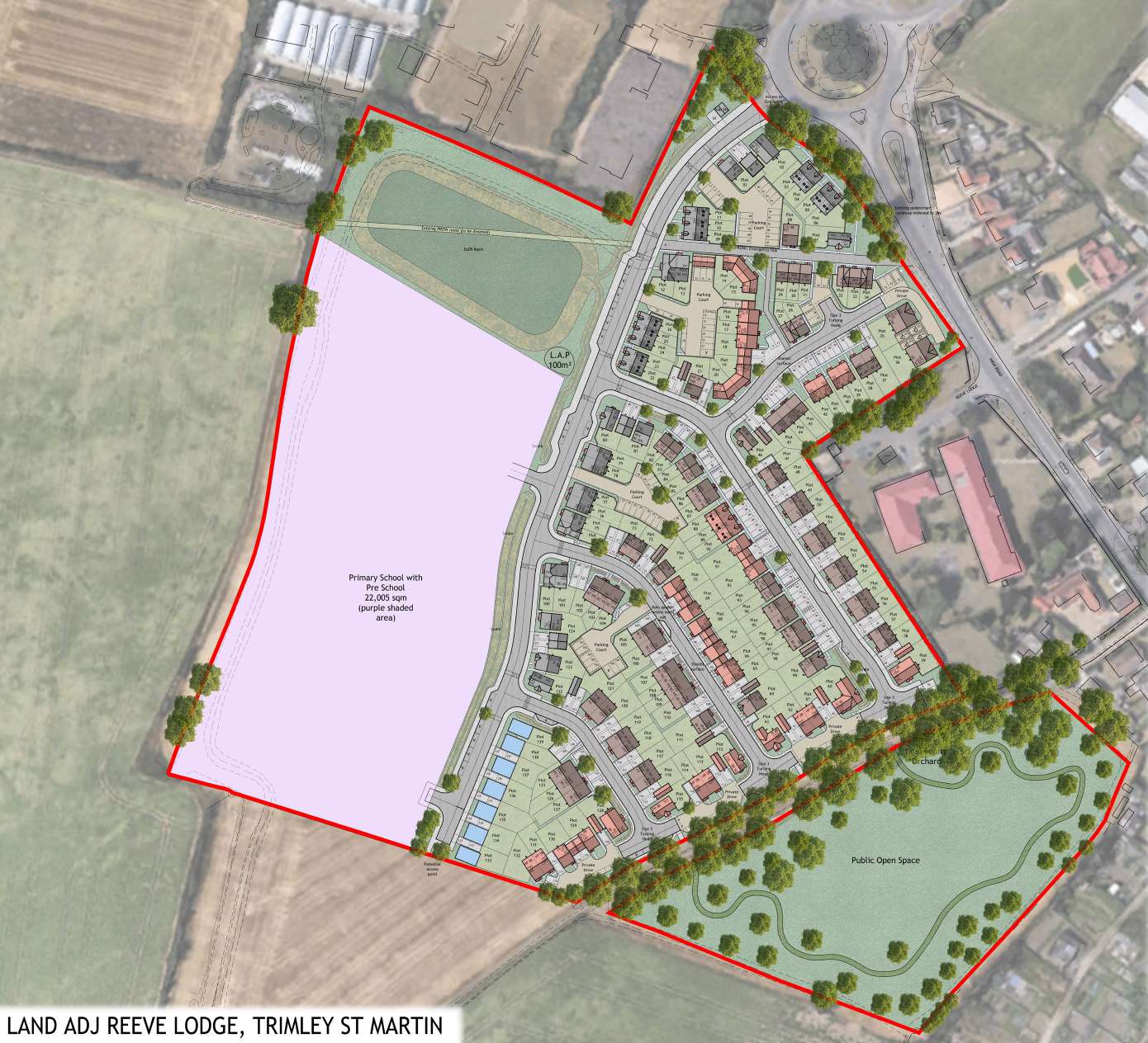 •	The proposed layout of Bellway’s development in Trimley St Martin, showing land allocated for a new school and a community green space.