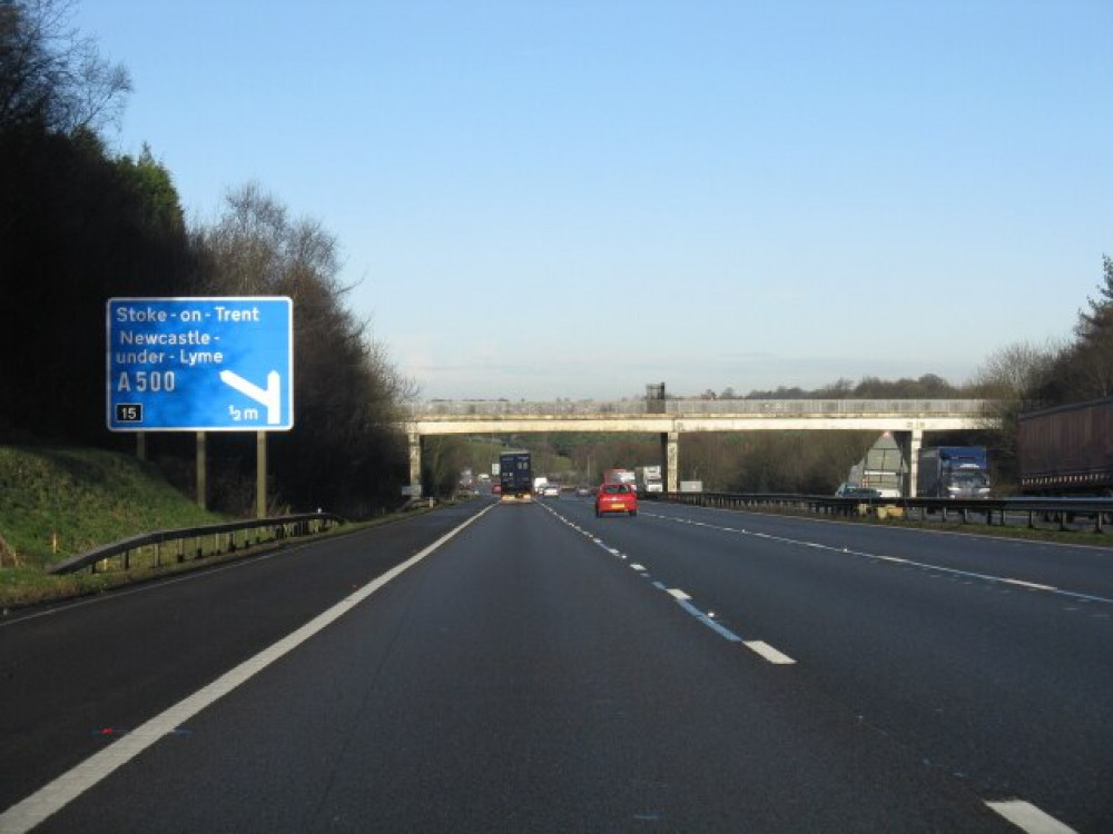 Junction 15 of the M6 connects the motorway network to the southern tip of the A500 in Clayton (Wiki Commons).