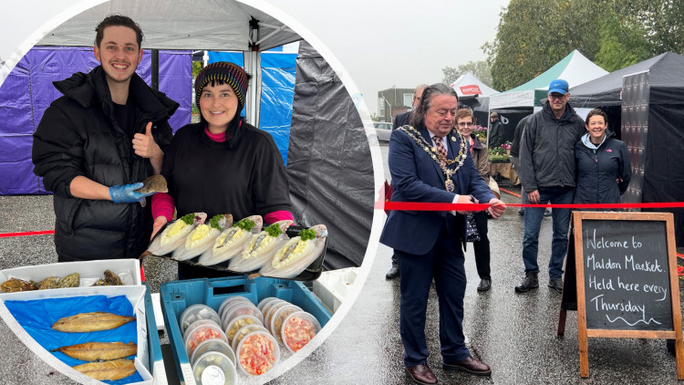 Maldon Town Mayor Andrew Lay officially cut the ribbon for the relaunch of the town's popular market. Inset: Henry and Sam from The Duke's Seafood. (Credit: Ben Shahrabi)