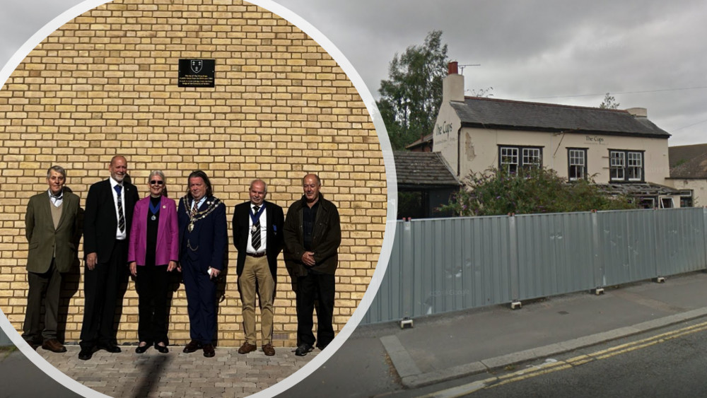 Inset: Maldon Town Councillor Christopher Swain, former mayor Mark Heard, District Councillor Flo Shaughnessy, Town Mayor Councillor Andrew Lay, historian and former mayor Stephen Nunn, and craftsman Galvin Yuill present the plaque. Right: The Cups pub pictured shortly before its demolition in 2018. (Credit: Ben Shahrabi and Google)
