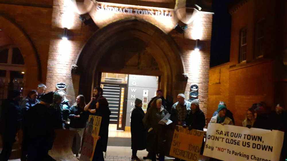 Action Against Cheshire East Parking Charges - Sandbach protesters last night. (Photo: Deborah Bowyer, Sandbach Nub News),