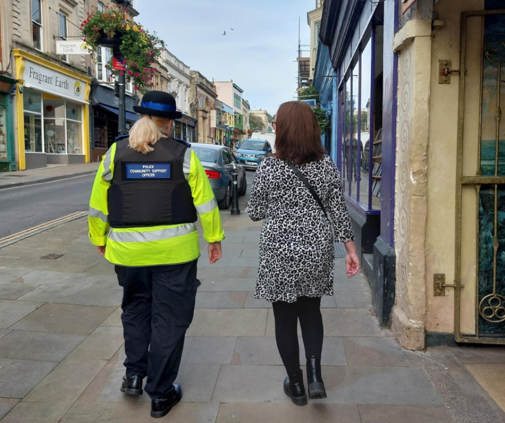  PCSO Melanie Rowlands and local resident Charlotte taking part in the Walk and Talk initiative around Glastonbury town centre.