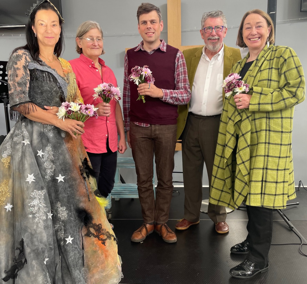 All the presenters at Wells SOUP! were presented with flowers at the end of the event. From left to right, Wells Mayor Tanys Pullin, Kim Robinson, Richard Jones, MC Paddy O’Hagan and Mary Ellis