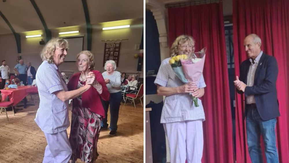 Angela Brooker dancing, left, and receiving flowers from Keith Mills, right (Doveleigh Care)