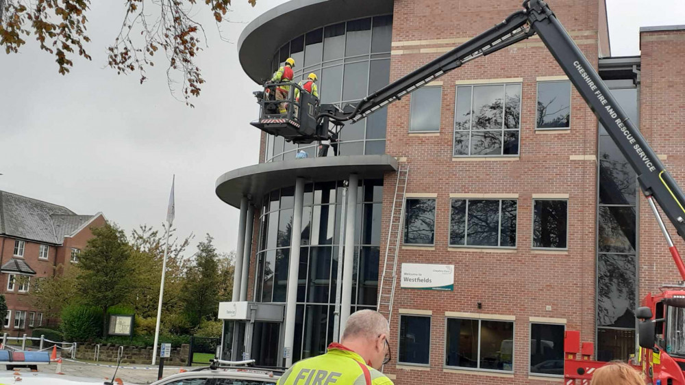 The man was brought down safely off the ledge at Westfields by Cheshire Fire and Rescue Service (Photo: Sandbach Nub News)