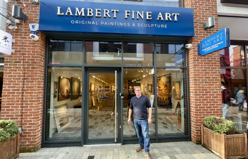 Mark Lambert outside the newly-opened Lambert Fine Art in Bell Court (image via Chalmers News PR)