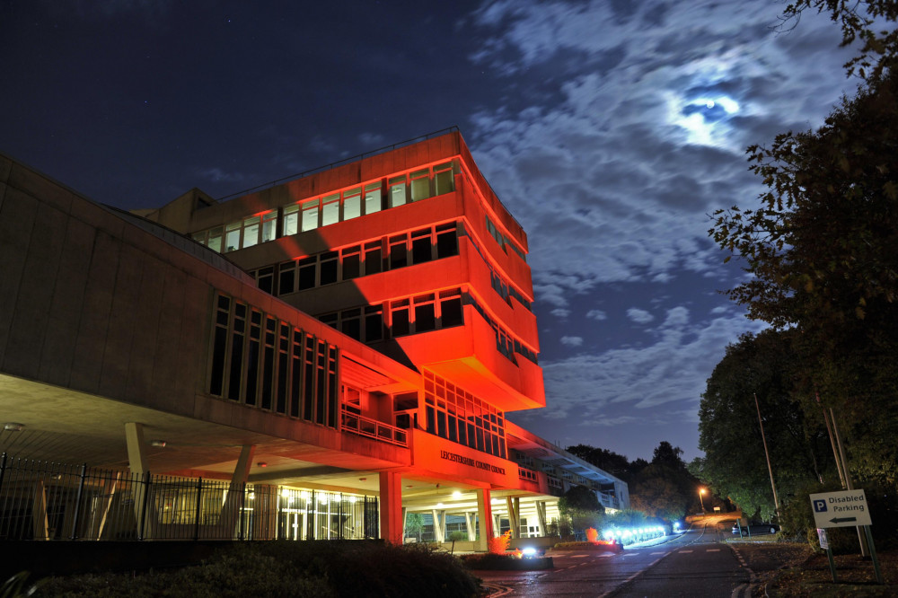 County Hall in Glenfield is being lit up in red each night. Photo: Leicestershire County Council