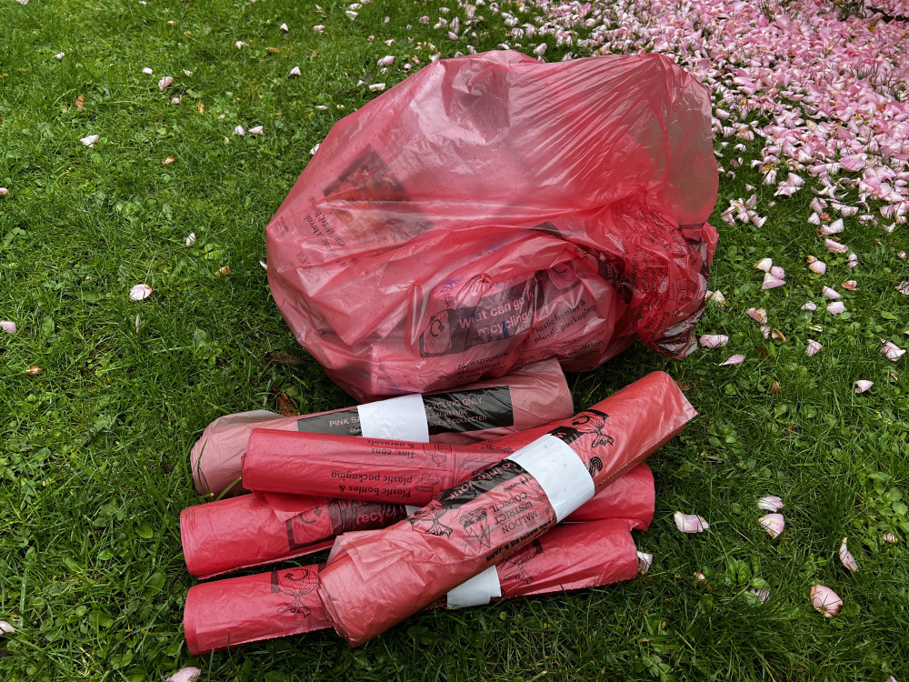 Find out where your nearest stockist of pink recycling sacks is, here. (Credit: Ben Shahrabi)