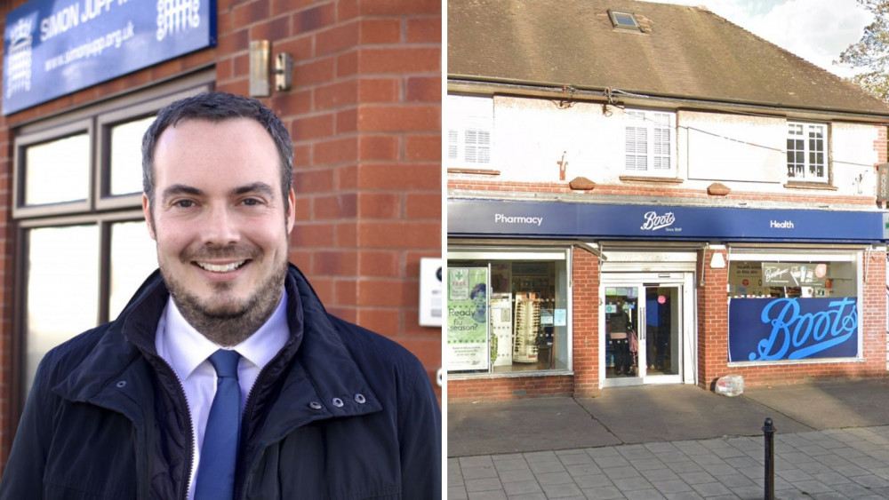 L: Simon Jupp MP (Nub News). R: Boots Pharmacy, Woolbrook Road, Sidmouth (Google)