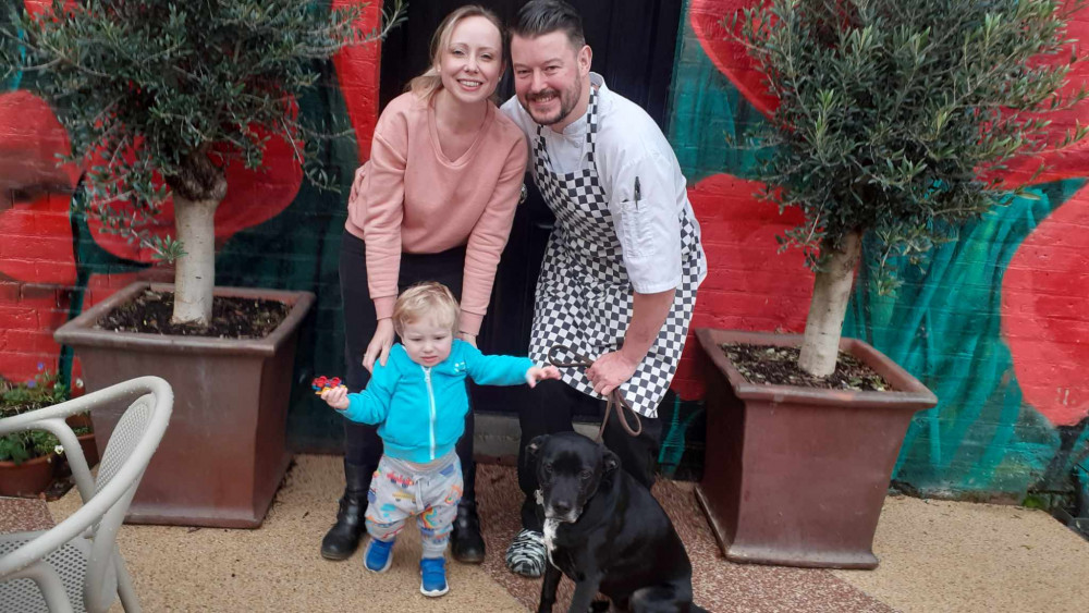 Meet Matt and Jaki Hurst who are now running the Swan & Chequers in Sandbach. They are pictured with son Harrison and dog Turbo. (Photo: Nub News) 