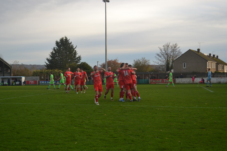 Frome Town FC celebrate their second goal against Willand : Photo Frome Nub News