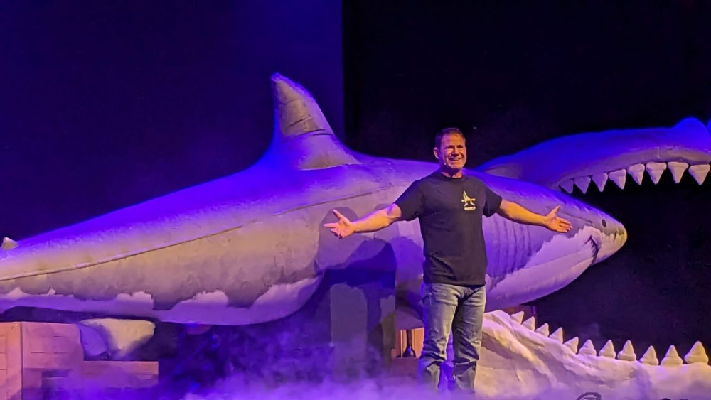 Steve Backshall and life-size shark model. (Photo: Bite Back)