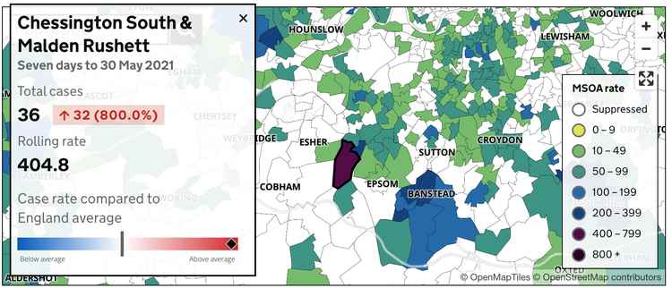 Government data shows that covid infections in Chessington have soared over the past 7 days