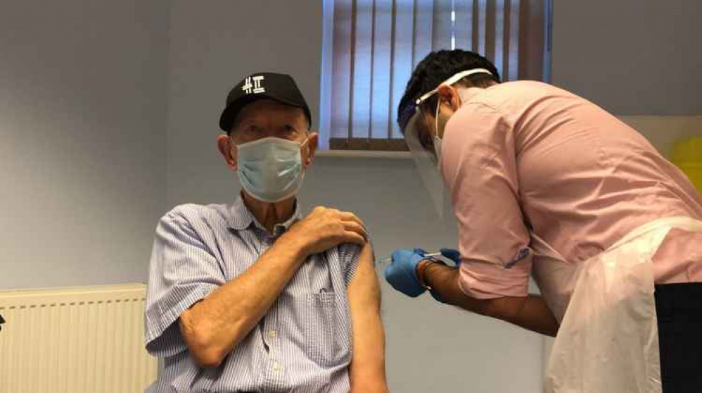 87-year-old Alan Burdis gets his covid jab at Kingston University's Health Centre back in January