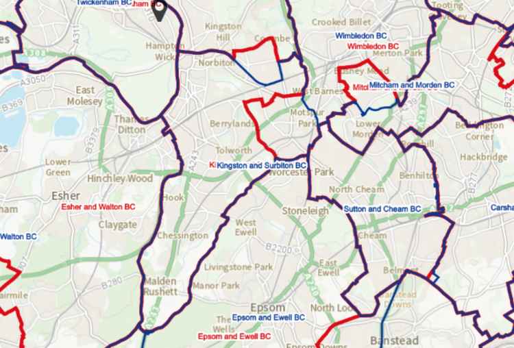 The proposed changes for Kingston and Surbiton (in red) and the current boundaries (in purple and blue) / Credit: Boundary Commission for England