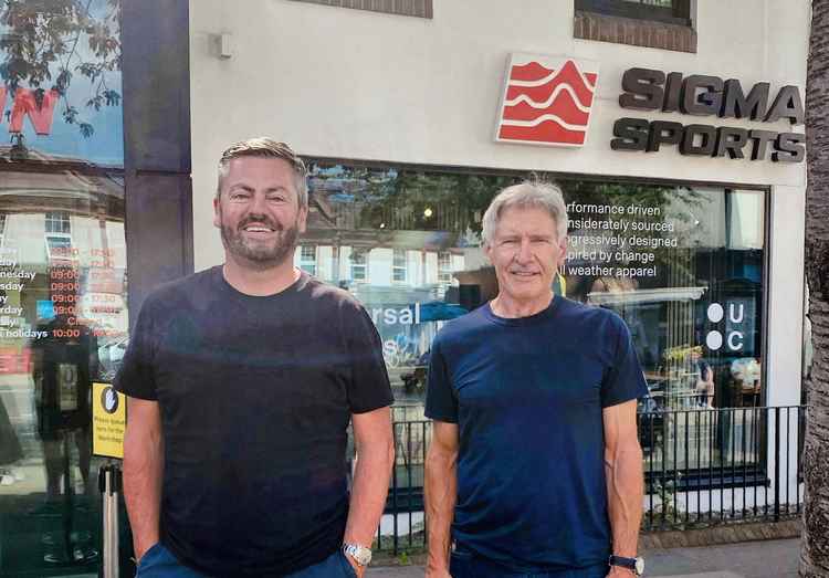 Harrison Ford and Sigma Sports co-founder Ian Whittingham outside the Hampton Wick store (Credit: Sigma Sports)