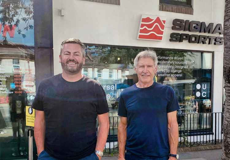 Harrison Ford and Sigma Sports co-founder Ian Whittingham outside the Hampton Wick store (Credit: Sigma Sports)