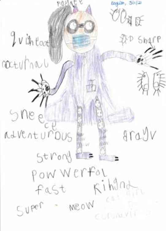 Cat girl kills the coronavirus! This drawing by the daughter of University staff shows one way that children in Kingston responded to the pandemic (Credit: Kingston University)