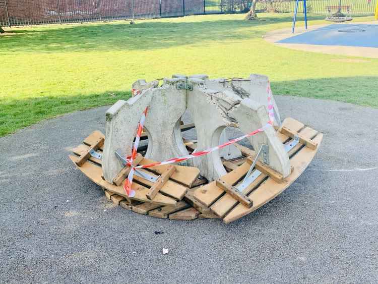 The vandalised benches in Helsby Parish Play Area