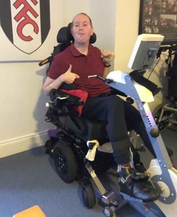 Stephen on his specially adapted static bike. He received the nomination for the 'Inspiration Award' after raising over £5,000 for Help for Heroes (Credit: Royal Star and Garter)