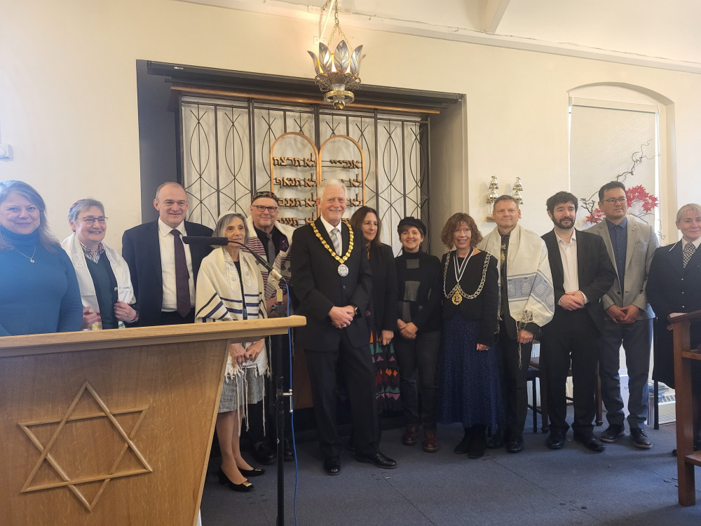 Kingston Liberal Synagogue Czech scrolls service with Sir Ed Davey, Mayor of Elmbridge, Mayor of Kingston, T/ACC Alison Barlow. (photo: Supplied)