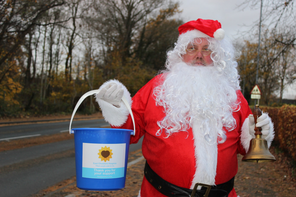 Neville Mackay poses with his collection bucket on Priory Lane. (Image - Macclesfield Nub News)