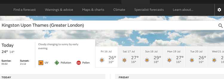 There will be highs of 29 degrees Celsius on Sunday 18 July (Credit: Met Office)