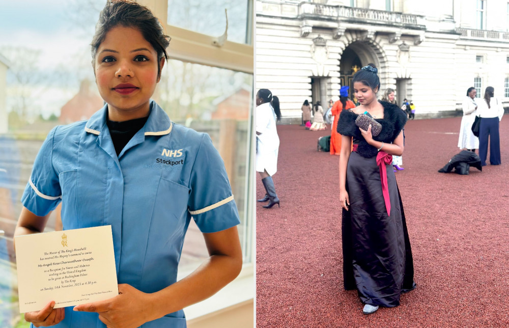 Stepping Hill nurse Angel at the garden party, and in uniform with her invite (Images - Stockport NHSFT)