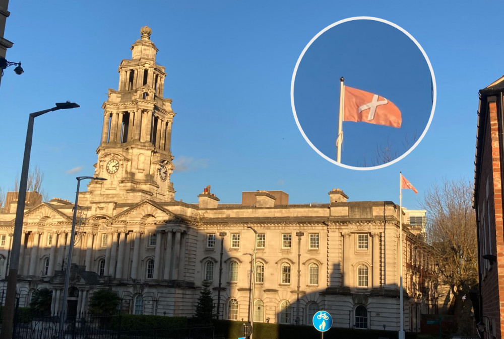 Stockport Town Hall raised the White Ribbon flag today, in opposition to gender-based violence (Images - Alasdair Perry)