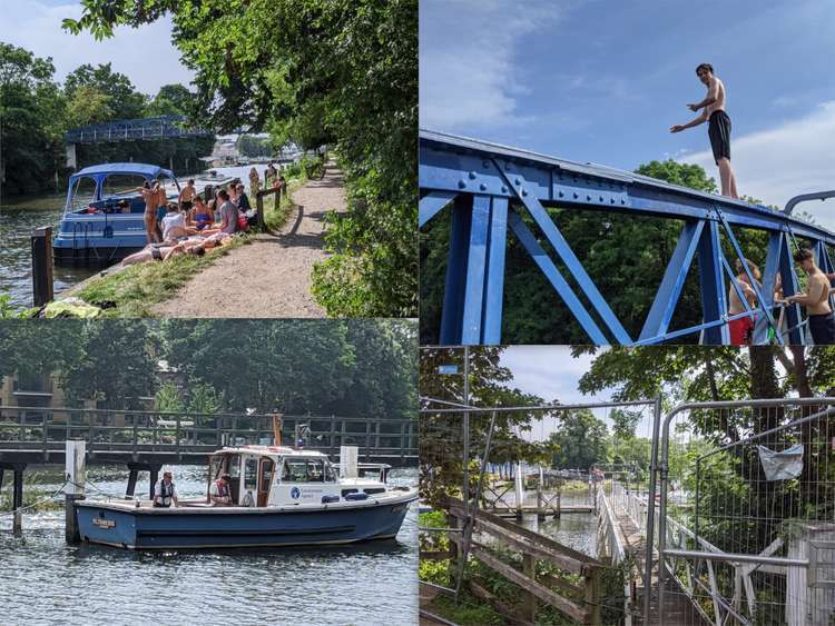 Barriers and a security guard are now at Teddington Lock, where many Kingston residents go to cool off in the heat (Image: Nub News)