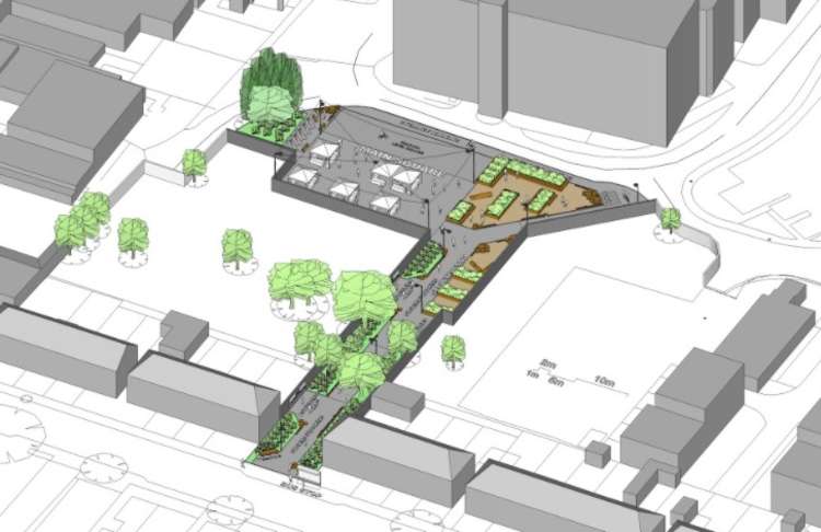 What the new town square in Cocks Crescent will look like, according to the Council's planning application (Image: Kingston Council)