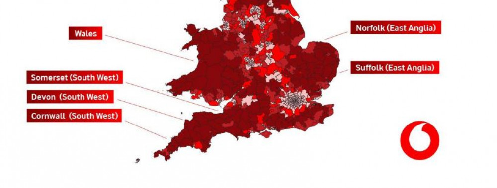 Darker areas show where 5G is not available. Extract from Vodaphone map