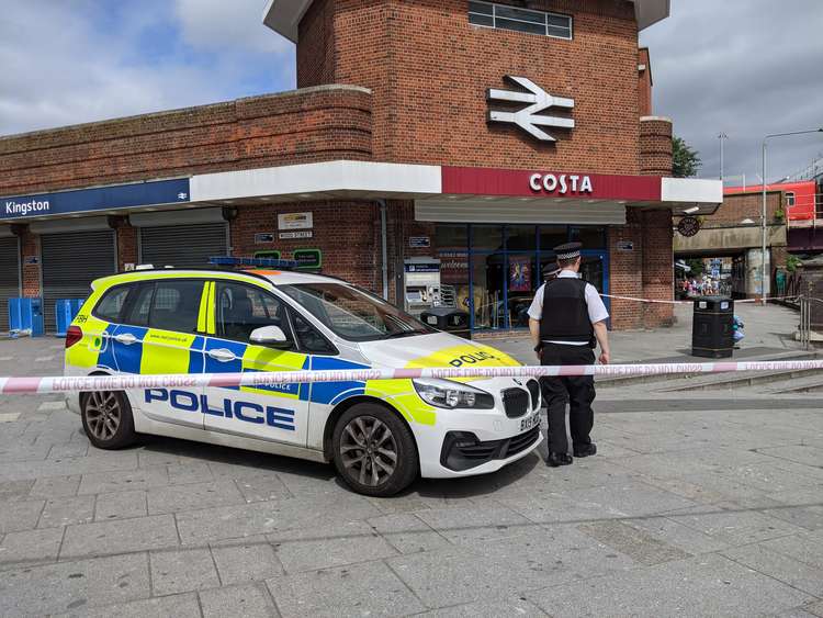 Kingston station's main entrance was closed today with officers standing guard outside (Image: Nub News)