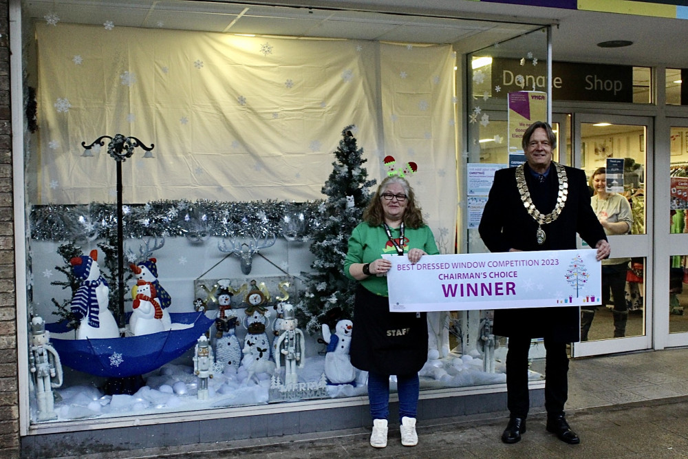 The 2023 Best Dressed Window Chairman’s Choice winner – Jo Luxton of YMCA Coalville Branch and North West Leicestershire District Council Chairman Cllr Ray Morris. Photo: NWLDC