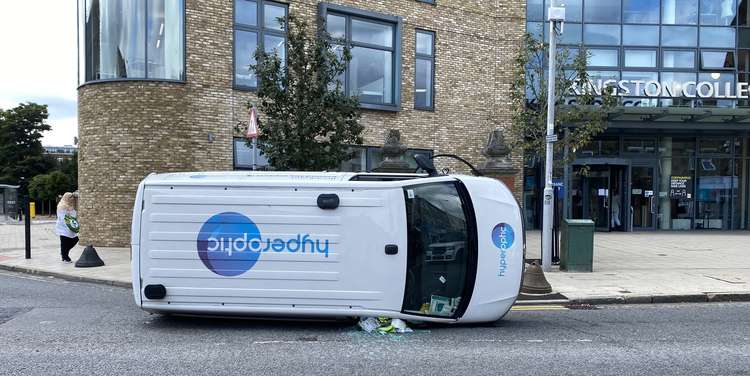 The Hyperoptic van flipped over on Richmond Road in Kingston town centre (Image: Andy Saunders)